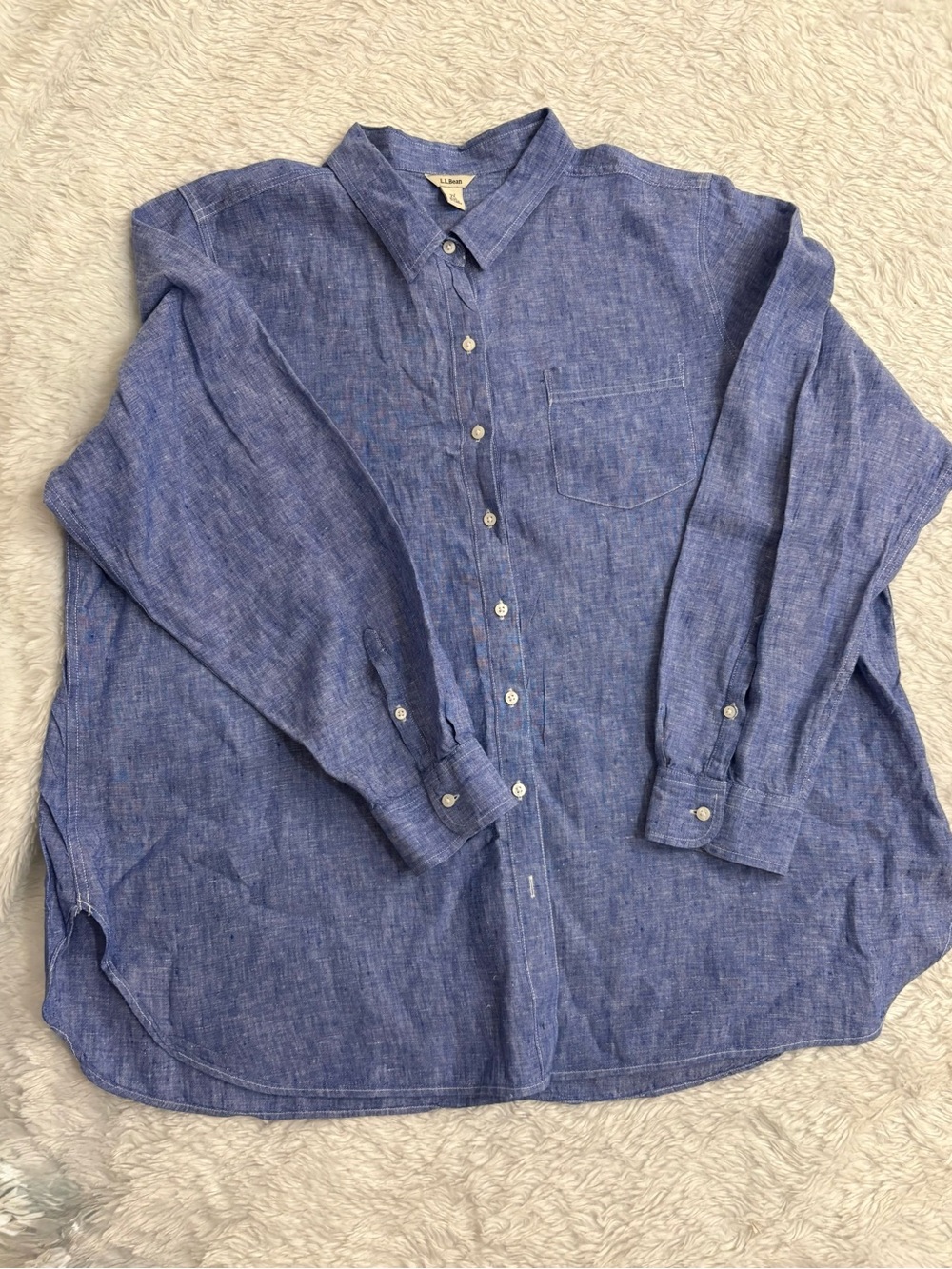 LL BEAN Womens 100% Linen Long Sleeve Button Down Blue Shirt 2XL